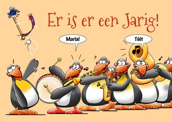 verjaardagskaart met 7 pinguïns die de jarige feliciteren