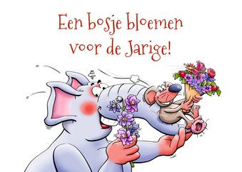 Verjaardagskaart met bosje bloemen olifant glijdend muisje