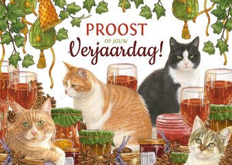 Verjaardagskaart met katten in herfstsfeer