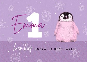 Verjaardagskaart met pinguïn in het lila