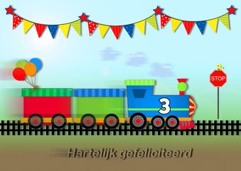 Verjaardagskaart met snelle trein met vlaggetjes