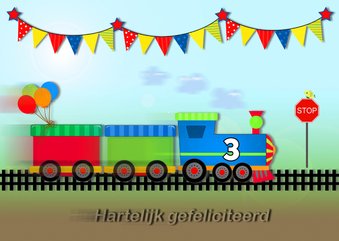 Verjaardagskaart met snelle trein met vlaggetjes