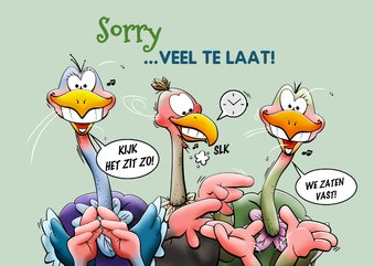 Verjaardagskaart met struisvogels die te laat zijn