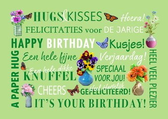 Verjaardagskaart met teksten Violen en zomerbloemen