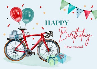 Verjaardagskaart rode fiets en ballonnen en confetti