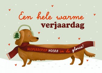 Verjaardagskaart teckel sjaal sneeuw warme verjaardag winter
