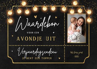 Verjaardagskaart tegoedbon ticket lampjes foto hartjes