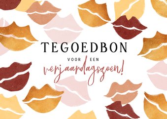 Verjaardagskaart tegoedbon verjaardagszoen kusjes goud