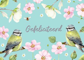 Verjaardagskaart Twee vogels bloemen