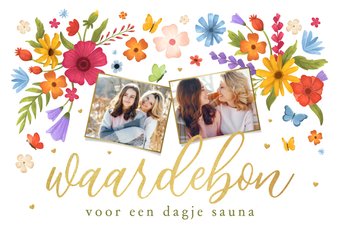 Verjaardagskaart waardebon tegoedbon bloemen foto's hartjes