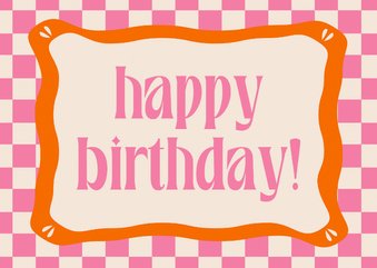 Verjaardagskaartje happy birthday roze blokjes oranje groovy