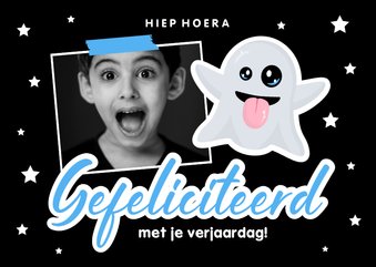 Verjaardagskaartje met emoji spookje en foto zwart