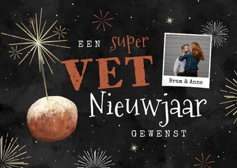 Vette nieuwjaarskaart oliebol vuurwerk sterretje foto 