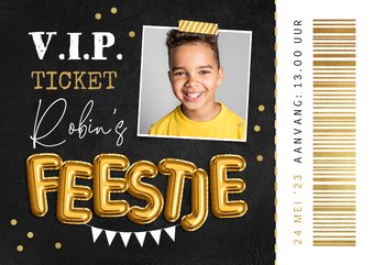 VIP ticket uitnodiging kinderfeestje krijtbord folieballon