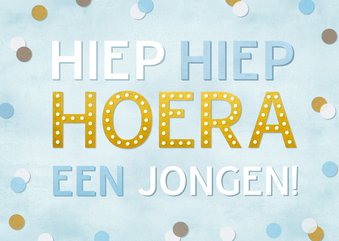 Vrolijke felicitatiekaart geboorte jongen blauw met confetti