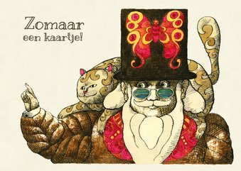 Vrolijke kaart van een man met een poes op z'n nek