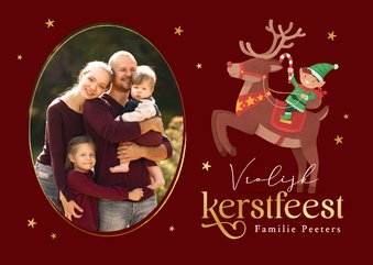 Vrolijke kerstkaart elfjes rendier foto sterren feestdagen