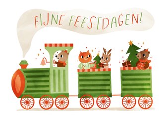 Vrolijke kerstkaart met een trein vol dierenvriendjes