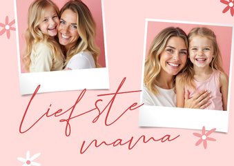 Vrolijke moederdagkaart twee foto's en bloemetjes roze