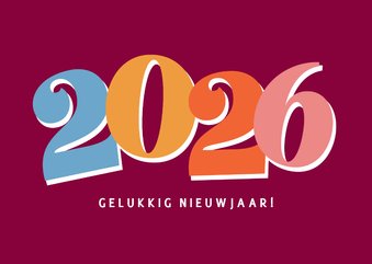 Vrolijke paarse nieuwjaarskaart met gekleurd jaartal