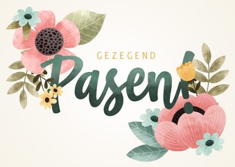 Vrolijke Paaskaart met bloemen en gezegend Pasen!