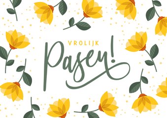 Vrolijke strakke paaskaart met gele bloemen en vrolijk pasen