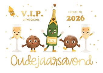 Vrolijke uitnodiging oudejaarsavond champagne oliebollen