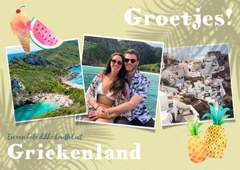 Vrolijke vakantiekaart met planten, fotocollage en fruit