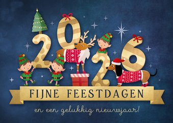 Vrolijke zakelijke kerstkaart met dieren en jaartal 2026