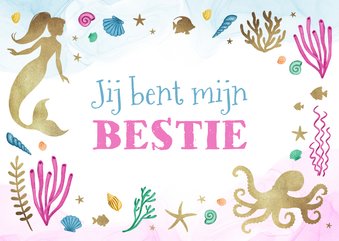 Wenskaart bestie vriendin zeemeermin waterverf koraal