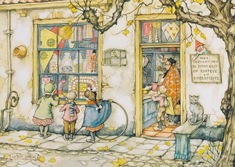 Wenskaart kinderen bij de snoepwinkel