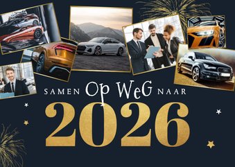 Zakelijke kerst- en nieuwjaarskaart auto fotocollage goud