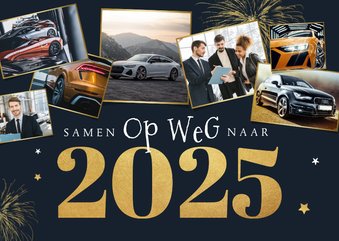 Zakelijke kerst- en nieuwjaarskaart auto fotocollage goud