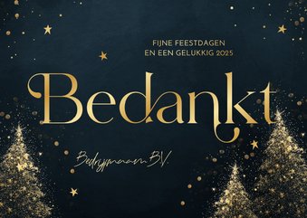 Zakelijke kerstkaart bedankt blauw met gouden kerstbomen