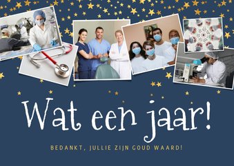 Zakelijke kerstkaart fotocollage wat en jaar sterren goud