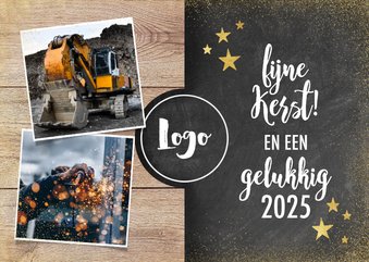 Zakelijke kerstkaart met hout, krijtbord, foto's en logo