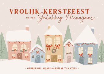 Zakelijke kerstkaart met illustratie van kersthuisjes 