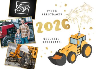Zakelijke nieuwjaarskaart graafmachine bouw 2026 vuurwerk