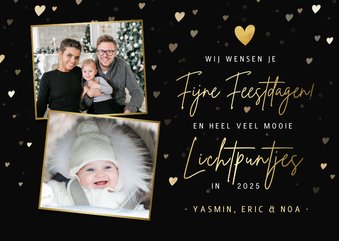 Zwarte fotokaart kerst - met gouden hartjes en 2 foto's