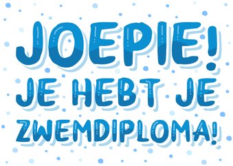 Zwemdiploma kaartje blauwe letters met bellen