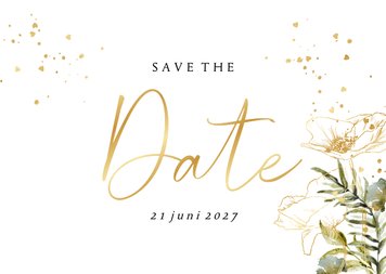 Botanische save the date waterverf bladeren hartjesconfettie