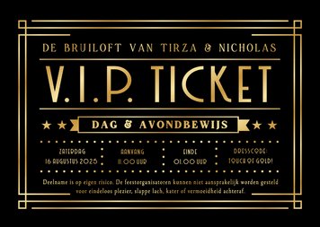 Originele VIP-ticket uitnodiging bruiloft met zwart en goud