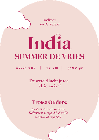 Astrologie geboortekaartje roze met zon met gezichtje Achterkant