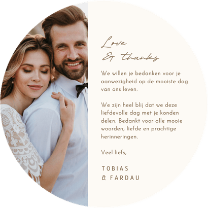 Bedankkaart modern beige met bruin love & thanks ronde vorm Achterkant