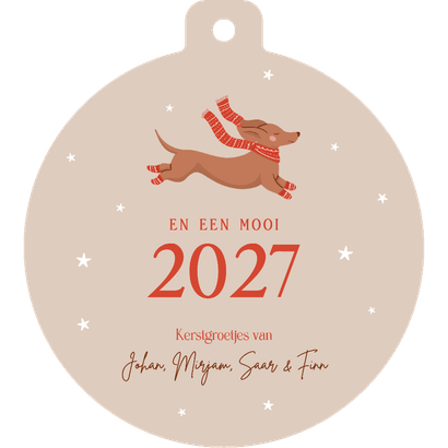 Beige kerstkaartje in kerstbal vorm met teckel en sterren Achterkant