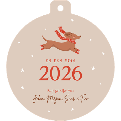 Beige kerstkaartje in kerstbal vorm met teckel en sterren Achterkant