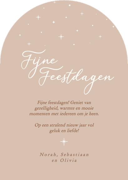 Beige kerstkaartje met foto en sterren in boogvorm Achterkant