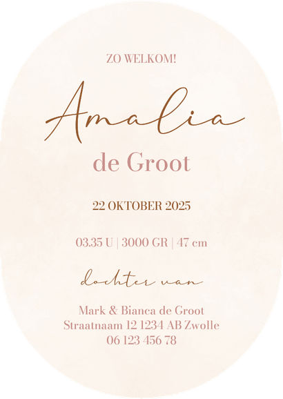 Beige ovaal geboortekaartje hertje met strik Achterkant