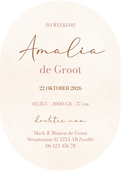 Beige ovaal geboortekaartje hertje met strik  Achterkant