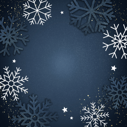 Blauwe kerstkaart Fijne Kerst sneeuwvlokken en sterren Achterkant